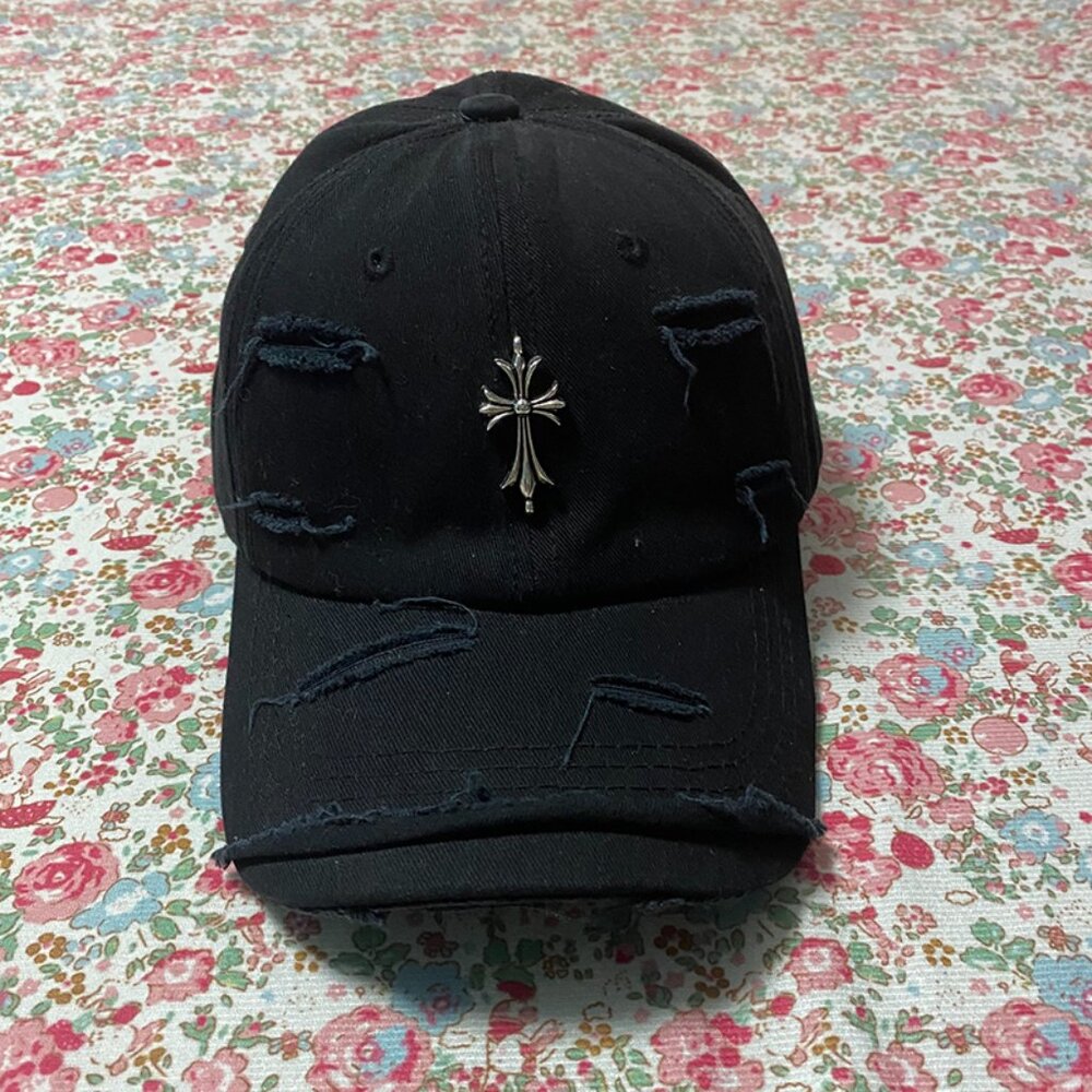 Black Distressed Hat with Cross Emblem
